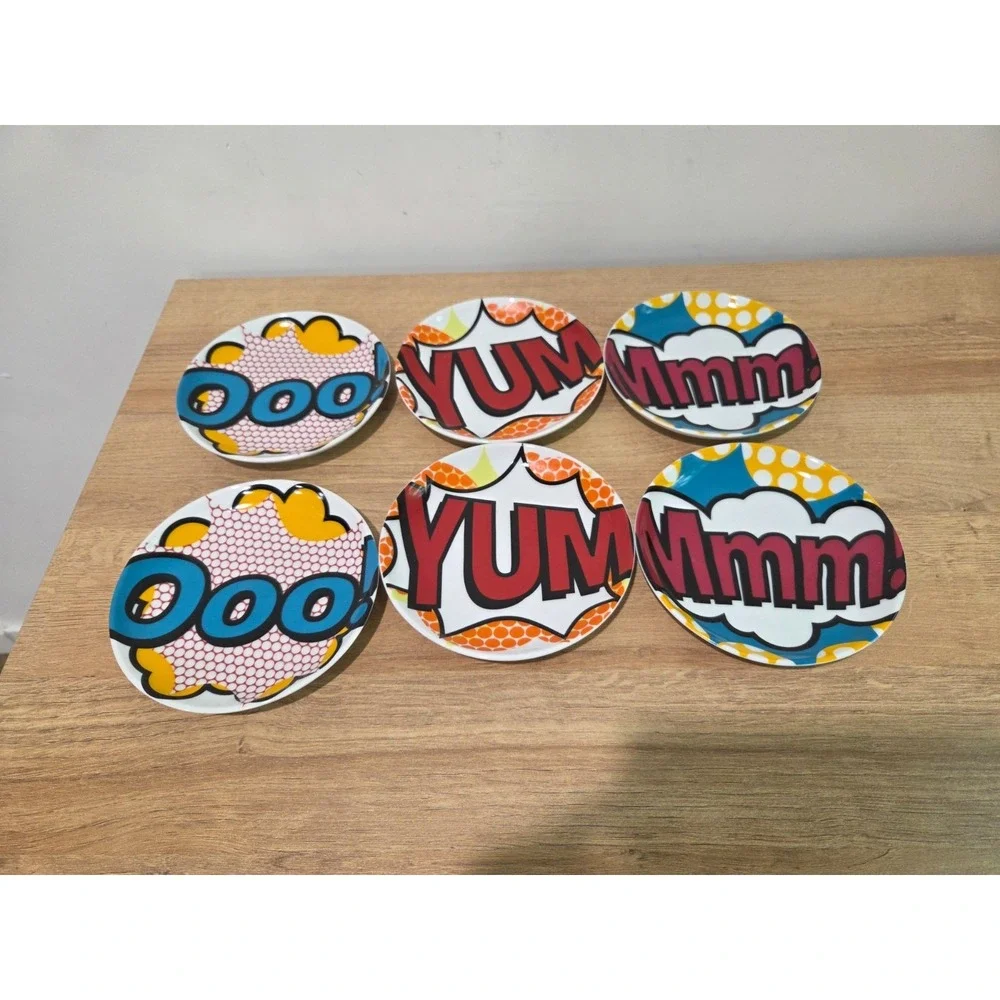 Set of 6 CB2 Crate & Barrel Comic Pop Art Side Snack Appetizer Plates 5.5''